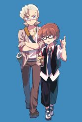  2boys black-framed_eyewear black_pants blue_background bright_pupils brown_hair brown_pants bubble_tea cardigan crossed_arms drink eye_contact flipped_hair freckles full_body grey_hair height_difference highres holding holding_drink index_finger_raised kakidome_max kirigakure_ranto looking_at_another male_focus mersey multiple_boys necktie open_cardigan open_clothes open_mouth open_vest pants shirt shoes side-by-side sideways_glance simple_background straight-on talking teeth upper_teeth_only vest walking white-framed_eyewear white_pupils white_shirt youkai_watch 