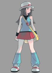  1girl bag bare_shoulders black_wristband blue_shirt blue_socks brown_eyes brown_hair closed_mouth full_body grey_background hat highres ittumozzz kneehighs leaf_(pokemon) long_hair looking_to_the_side pokemon pokemon_frlg red_skirt shirt shoulder_bag skirt sleeveless sleeveless_shirt socks solo white_footwear white_hat yellow_bag 