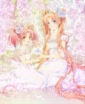  2girls bishoujo_senshi_sailor_moon blonde_hair blue_eyes character_name chibi_usa crystal dress floating_object flower hair_flower hair_ornament happy_birthday highres iroha_(shiki) long_hair multiple_girls pink_eyes pink_hair princess_serenity rose sitting small_lady_serenity tiara tsukino_usagi twintails very_long_hair white white_dress white_rose 