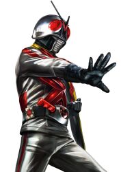  1boy antennae armor belt black_gloves bodysuit compound_eyes contrapposto gloves grey_bodysuit helmet highres horns kamen_rider kamen_rider_x kamen_rider_x_(series) male_focus masukudo_(hamamoto_hikaru) outstretched_hand red_eyes rider_belt scarf solo standing tokusatsu yellow_scarf 