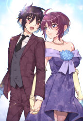  1boy 1girl absurdres ahoge bare_shoulders black_hair blush breasts collared_shirt couple dress formal gloves gundam gundam_seed gundam_seed_freedom hetero highres holding holding_hands jacket lunamaria_hawke necktie nerune_j open_mouth pants purple_dress purple_hair red_eyes shinn_asuka shirt short_hair sleeveless sleeveless_dress smile suit suit_jacket violet_eyes 