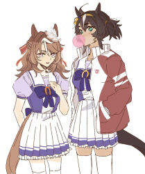  2girls ahoge animal_ears back_bow bandaid bandaid_on_cheek bandaid_on_face bow brown_hair bubble_gum_fellow_(racehorse) chewing_gum collarbone commentary_request cowboy_shot dance_partner_(racehorse) dark-skinned_female dark_skin ear_ornament genderswap genderswap_(mtf) gold_hairband green_eyes hairband half_up_braid hand_on_own_chest hands_in_pockets highres horse_ears horse_girl horse_tail jacket light_brown_hair long_hair multicolored_hair multiple_girls open_clothes open_jacket original personification pleated_skirt puffy_short_sleeves puffy_sleeves purple_shirt sailor_collar school_emblem school_uniform shirt short_hair short_ponytail short_sleeves side_ponytail sideways simple_background sketch skirt summer_uniform tail thigh-highs tracen_school_uniform tsukiinu_(1174943116) two-tone_hair umamusume violet_eyes white_background white_hair white_sailor_collar white_skirt white_thighhighs 