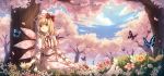  1girl bow butterfly cherry_blossoms flower grass hat highres lily_white sitting touhou tree wings yezhi_na 