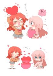  !? &gt;_&lt; 2girls :d ^_^ arms_up blue_eyes blush bocchi_the_rock! bow brown_footwear brown_shirt chibi closed_eyes gotoh_hitori grey_skirt heart highres holding holding_heart jacket kita_ikuyo long_hair multiple_girls notice_lines one_side_up pants pants_under_skirt pink_hair pink_jacket pink_pants pleated_skirt profile rebecca_(keinelove) red_bow redhead sailor_collar school_uniform seiza serafuku shirt shoes simple_background sitting skirt smile socks spoken_interrobang sweat track_jacket track_pants track_suit translation_request very_long_hair wavy_mouth white_background white_sailor_collar white_socks 
