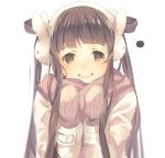  1girl bangs blunt_bangs blurry blush brown_eyes brown_hair bunny_earmuffs coat earmuffs gloves hair_rings happy jacket long_hair looking_at_viewer lowres mittens no_pupils open_mouth original rabbit scarf simple_background solo teeth twintails weee_(raemz) white_background 