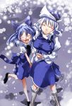  2girls ^_^ blue_dress blue_hair bow cirno closed_eyes dress hair_bow hat letty_whiterock multiple_girls open_mouth silver_hair smile touhou yohane 