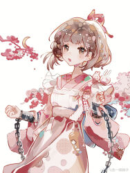  1girl :d apron bow brown_eyes brown_hair chain crescent cuffs fei_zou_yi_guo_gezi flower frilled_apron frills hair_bow hair_flower hair_ornament hands_up highres japanese_clothes kimono looking_at_viewer maid pink_bow pink_flower pink_kimono reverse:1999 satsuki_(reverse:1999) short_hair smile solo upper_body wa_maid weibo_logo weibo_watermark white_apron white_background wide_sleeves 