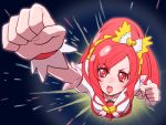  1girl bow clenched_hands cure_ace dokidoki!_precure female foreshortening from_above hair_bow heart long_hair madoka_aguri magical_girl open_mouth parody precure pun raised_fist red_eyes redhead solo tonami_kanji ultra_series ultraman_ace_(series) wrist_cuffs 