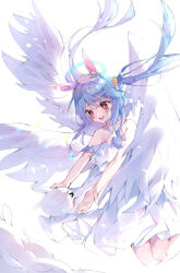  &gt;_&lt; 1girl :d absurdres angel angel_wings animal_ear_fluff animal_ears bare_arms bare_shoulders blue_hair blush carrot_hair_ornament crying dress feathered_wings food-themed_hair_ornament frilled_dress frills hair_ornament halo halter_dress halterneck highres hololive long_hair multicolored_halo multiple_wings open_mouth outstretched_arms pekomon_(usada_pekora) rabbit-shaped_pupils rabbit_ears red_eyes shigureszku sidelocks sleeveless sleeveless_dress smile symbol-shaped_pupils teeth two_side_up upper_teeth_only usada_pekora virtual_youtuber white_wings wings 