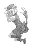  1girl animal_ears cat_ears cat_tail chen hat looking_at_viewer looking_back monochrome multiple_tails paw_pose piiko_(aa_doushiyou) short_hair simple_background smile solo tail touhou white_background 