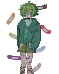  1boy alternate_costume antenna_hair bandaid bandaid_on_knee bandaid_on_leg basil_(faraway)_(omori) basil_(omori) blonde_hair blue_eyes brown_shorts collared_shirt flower green_hoodie green_sweater_vest hair_flower hair_ornament highres hood hood_down hoodie kneehighs long_sleeves male_focus omori parted_lips root_090 shirt short_hair shorts sleeves_past_wrists socks solo sweater_vest triangle_mouth white_background white_shirt white_socks 