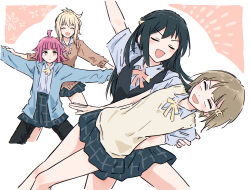  4girls :d ^_^ ahoge arm_up black_hair black_pants blank_eyes blonde_hair blue_jacket blue_shirt blue_skirt blunt_bangs blunt_ends blush bob_cut brown_cardigan bullfalk cardigan closed_eyes closed_mouth cowboy_shot crescent crescent_hair_ornament cropped_legs dancing feet_out_of_frame hair_ornament hairclip hand_on_another&#039;s_shoulder hands_on_another&#039;s_arms highres hood hooded_jacket jacket kishimen_hair legs_apart legs_together light_brown_hair light_frown long_hair long_sleeves love_live! love_live!_nijigasaki_high_school_idol_club medium_hair miniskirt miyashita_ai multiple_girls nakasu_kasumi neck_ribbon nijigasaki_school_uniform one_side_up open_mouth pants pants_under_skirt pink_hair pink_ribbon plaid_clothes plaid_skirt pleated_skirt ponytail ribbon school_uniform shirt short_hair short_sleeves sidelocks skirt smile summer_uniform sweatdrop tennoji_rina v-shaped_eyebrows white_background yellow_eyes yellow_ribbon yuki_setsuna 
