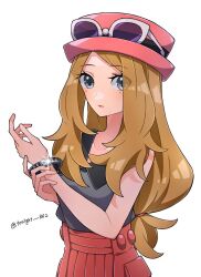  1girl black_eyes black_shirt brown_hair commentary eyelashes eyewear_on_headwear jacket mega_ring pokemon rain_(tonight_862) red_skirt serena_(pokemon) shirt skirt sleeveless sleeveless_duster sleeveless_shirt sunglasses turtleneck turtleneck_jacket white-framed_eyewear white_background 