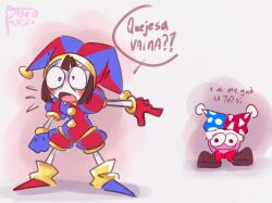  1girl asymmetrical_footwear asymmetrical_gloves bow bowtie brown_hair crossover draw_chill's fangs gloves grey_background hat highres jester_cap kirby_(series) marx_(kirby) mismatched_footwear mismatched_gloves open_mouth pointing pom_pom_(clothes) pomni_(the_amazing_digital_circus) red_bow red_bowtie signature spanish_commentary spanish_text the_amazing_digital_circus trait_connection 