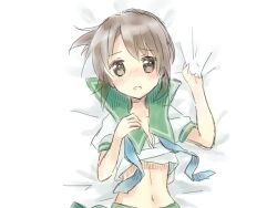  1girl blush brown_eyes brown_hair doll_(game) green_sailor_collar kurume_yuki loose_clothes lying on_back on_bed sailor_collar school_uniform serafuku shinomaru_hajime short_hair short_ponytail solo 