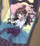  1girl akko_kagari bandages bandaid bed bed_sheet blanket brown_hair eyes half_updo little_witch_academia long_hair navel pillow red solo witch 