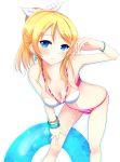  ayase_eli bikini blonde_hair blue_eyes bow bracelet earrings hair_bow highres innertube jewelry kirimoti34 light_smile long_hair looking_at_viewer love_live!_school_idol_project navel small_breasts swimsuit 