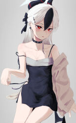  absurdres black_choker black_dress blue_archive cardigan choker demon_horns demon_tail dress ear_piercing earrings hair_ornament head_tilt highres horns jewelry kayoko_(blue_archive) kayoko_(dress)_(blue_archive) piercing red_eyes tail untying y4mori_gekko 