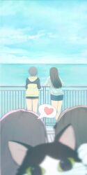 4girls absurdres against_railing bang_dream! bang_dream!_it's_mygo!!!!! blue_hoodie blue_shorts blue_skirt brh brown_hair cat chinese_commentary clouds commentary_request day detached_sleeves from_behind grey_hair heart highres hood hood_down hoodie horizon jacket long_hair multiple_girls ocean outdoors railing shiina_taki short_hair shorts skirt sleeves_past_elbows spoken_heart takamatsu_tomori two-tone_hoodie white_jacket yellow_hoodie 