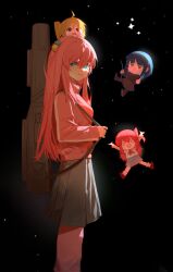  &gt;_&lt; 4girls ahoge baggy_socks black_background black_pantyhose black_ribbon black_shirt blonde_hair blue_eyes blue_hair bocchi_the_rock! breasts chibi closed_mouth commentary corrupted_twitter_file cube_hair_ornament eating gotoh_hitori grey_skirt guitar_case hair_between_eyes hair_ornament hairclip hashtag-only_commentary highres ijichi_nijika instrument_case instrument_on_back jacket kita_ikuyo long_hair long_sleeves medium_breasts multiple_girls neck_ribbon neckerchief one_side_up open_mouth pants pants_under_skirt pantyhose pink_hair pink_jacket pink_pants pleated_skirt red_eyes red_neckerchief ribbon ruer school_uniform shirt shuka_high_school_uniform signature skirt socks sparkle thumbs_up white_socks yamada_ryo yellow_eyes 