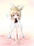  1girl blonde_hair blush brown_eyes cup earmuffs makuwauri naked_shirt shirt short_hair solo touhou toyosatomimi_no_miko 