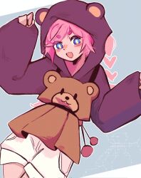  1girl :d animal_hood ascii_art bear_hood blue_eyes blush braid commentary english_commentary facial_mark fang heart highres hood hood_up hoodie long_sleeves open_mouth overalls pink_hair pom_pom_(clothes) purple_hoodie rana_(vocaloid) short_eyebrows shorts sleeves_past_wrists smile solo the_fukarana thick_eyebrows tongue twin_braids vocaloid white_shorts 