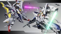  3d absurdres battle beam_saber commentary_request duel earth_federation flying funnels_(gundam) glowing gradient_background gundam gundam_hathaway&#039;s_flash highres inviter_oro machinery mecha mecha_focus missile_pod mobile_suit no_humans penelope_(hathaway&#039;s_flash) robot roundel shield signature v-fin xi_gundam 