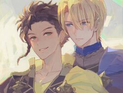  2boys armor black_jacket blonde_hair blue_cape blush braid brown_hair cape claude_von_riegan closed_mouth collarbone collared_jacket commentary couple dimitri_alexandre_blaiddyd ear_piercing earrings eye_contact fire_emblem fire_emblem:_three_houses garreg_mach_monastery_uniform gold_trim green_eyes hair_between_eyes hand_on_another&#039;s_arm hug jacket jewelry light_blush looking_at_another looking_to_the_side male_focus mixed-language_commentary mochimillet multiple_boys open_clothes open_collar open_jacket parted_lips partially_open_jacket piercing shirt side_braid side_cape sideways_glance single_braid sleeve_cuffs smile teeth undershirt upper_body yellow_cape yellow_shirt 