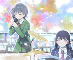  2girls bang_dream! bang_dream!_it's_mygo!!!!! black_hair black_jacket blazer blush brh brown_eyes chinese_commentary commentary_request diagonal-striped_clothes diagonal-striped_necktie dress_shirt drum drum_set drumsticks flower green_jacket green_skirt grey_hair hair_behind_ear haneoka_school_uniform heavy_breathing highres holding holding_drumsticks holding_microphone instrument jacket long_hair long_sleeves lyrics microphone mole mole_under_eye multiple_girls music neck_ribbon necktie open_mouth pleated_skirt purple_necktie red_ribbon ribbon school_uniform shiina_taki shirt short_hair singing skirt striped_clothes sweat takamatsu_tomori translation_request violet_eyes white_shirt 