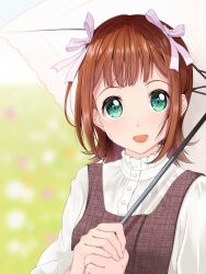  1girl amami_haruka blurry blush brown_hair depth_of_field dress green_eyes hair_ribbon idolmaster idolmaster_(classic) looking_at_viewer luckluck open_mouth ribbon short_hair smile solo umbrella upper_body 