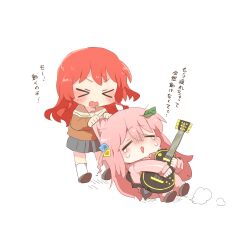  &gt;_&lt; 2girls blush bocchi_the_rock! brown_shirt closed_eyes crying cube_hair_ornament electric_guitar gotoh_hitori grey_skirt guitar hair_between_eyes hair_ornament hugging_object instrument jacket kita_ikuyo leaf leaf_on_head long_hair long_sleeves multiple_girls one_side_up open_mouth pants pants_under_skirt pink_hair pink_jacket pink_pants pleated_skirt puffy_long_sleeves puffy_sleeves rebecca_(keinelove) redhead sailor_collar school_uniform serafuku shadow shirt simple_background skirt sleeves_past_wrists tears track_jacket track_pants track_suit turn_pale very_long_hair wavy_mouth white_background white_sailor_collar 