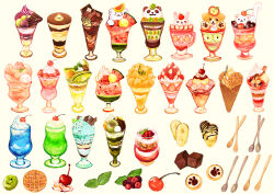  absurdres animal-themed_food banana banana_slice cherry chocolate commentary_request dessert dezitarukinngyo food food_focus fork fruit glass highres ice_cream_cone mint_chocolate no_humans original parfait simple_background spoon strawberry sweets tiramisu utensil waffle waffle_cone watermelon yellow_background 