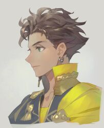  1boy braid brown_hair cape claude_von_riegan closed_mouth commentary commentary_request cropped_torso dark-skinned_male dark_skin ear_piercing earrings fire_emblem fire_emblem:_three_houses garreg_mach_monastery_uniform gold_trim green_eyes grey_background jewelry looking_ahead male_focus mochimillet piercing profile short_hair side_braid side_cape simple_background single_braid solo upper_body yellow_cape 