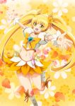  1girl blonde_hair boots brooch cure_sunshine earrings floral_background hair_ribbon heart heartcatch_precure! jewelry long_hair magical_girl midriff myoudouin_itsuki navel open_mouth outstretched_arms precure ribbon skirt smile third_love twintails wrist_cuffs yellow_background yellow_eyes 