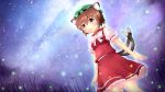  1girl animal_ears ascot brown_hair cat_ears cat_tail chen grass hat kane-neko looking_up milky_way multiple_tails night night_sky short_hair skirt sky solo star_(sky) starry_sky tail touhou 
