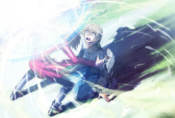  1boy 1girl attack battle black_footwear blonde_hair blue_dress brown_eyes brown_hair card crying crying_with_eyes_open dappled_sunlight dress duel_disk facing_away facing_to_the_side grass grey_pants hand_on_ground holding holding_card jacket light_rays looking_at_another looking_up moribuden on_grass on_ground open_clothes open_jacket open_mouth outdoors pants red_jacket shirt streaming_tears sunlight tears tenjouin_asuka white_shirt yu-gi-oh! yu-gi-oh!_gx yuki_judai 