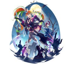  2girls axe ayappe_taicho bandages bare_tree bat_(animal) blue_background bug closed_mouth colored_inner_hair concert full_body full_moon garter_straps grave graveyard green_eyes green_hair grey_socks guitar highres holding holding_axe holding_guitar holding_instrument instrument jacket moon multicolored_hair multiple_girls necktie night night_sky official_alternate_costume official_art open_mouth orange_hair orpheus_(phantom_of_the_kill) phantom_of_the_kill purple_footwear purple_hair purple_jacket purple_necktie silk simple_background sky smile socks spider spider_web teeth thigh-highs tombstone transparent_background tree two-tone_hair two_side_up upper_teeth_only violet_eyes zombie 