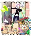  1boy akaboshi_imoko balloon_animal boots detached_sleeve dollar_bill green_eyes hat juggling_club long_hair midriff money navel open_mouth party_castle pink_hair scarf solo suitcase top_hat 