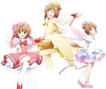  3girls brown_hair cardcaptor_sakura crown dress fuuin_no_tsue gloves green_eyes hat hoshi_no_tsue kinomoto_sakura magical_girl multiple_girls multiple_persona riku_kanna short_hair thigh-highs wand wings 