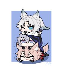  1girl 2boys animal_ear_fluff animal_ear_piercing animal_ears aqua_eyes artist_name black_footwear black_gloves blue_background boots boy_on_top chibi chibi_only closed_eyes closed_mouth coat commentary_request feixiao_(honkai:_star_rail) forehead_jewel fox_boy friends from_side girl_on_top gloves gradient_hair grey_hair hair_between_eyes high_ponytail highres honkai:_star_rail honkai_(series) hood hood_up human_stacking jiaoqiu_(honkai:_star_rail) legs_up light_smile long_hair long_sleeves looking_at_viewer looking_up lying moze_(honkai:_star_rail) multicolored_background multicolored_hair multiple_boys omochi_binta on_stomach one_eye_closed open_mouth own_hands_together pants parted_bangs pink_hair ponytail purple_hood short_hair shorts sweatdrop tail trembling violet_eyes white_coat white_hair 