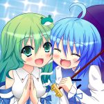  2girls aa_tyan ahoge blue_background blue_hair blush_stickers breasts closed_eyes detached_sleeves frog_hair_ornament green_eyes green_hair hair_ornament head_to_head juliet_sleeves kochiya_sanae long_hair long_sleeves looking_at_viewer multiple_girls open_mouth own_hands_together puffy_sleeves short_hair snake_hair_ornament sparkle tatara_kogasa touhou umbrella vest 