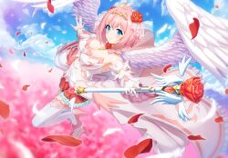  absurdres bob_cut detached_collar diadem feathered_wings flower flower_ornament gloves greenlegacy hair_flower hair_ornament highres holding holding_staff petals pink_hair princess_connect! princess_form_(princess_connect!) rose rose_petals staff tiara white_gloves white_wings wings yui_(princess)_(princess_connect!) yui_(princess_connect!) 