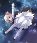  1girl blonde_hair bloomers blush bow hair_bow hair_ribbon komiru mary_janes open_mouth outstretched_arm outstretched_hand red_eyes ribbon rumia shoes short_hair skirt smile solo touhou underwear 