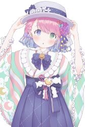  :o blue_bow blue_bowtie blue_hair blue_hakama blush bow bowtie braid brooch candy_hair_ornament collar crescent flower food-themed_hair_ornament frilled_collar frilled_sleeves frills gradient_hair green_eyes hair_bow hair_flower hair_ornament hair_ribbon hakama hakama_skirt hands_on_headwear hat hat_bow hat_flower hatanaka_marie head_tilt heterochromia highres himemori_luna himemori_luna_(6th_costume) hololive japanese_clothes jewelry kimono long_skirt long_sleeves multicolored_hair pink_hair polka_dot polka_dot_ribbon print_hakama ribbon skirt straw_hat two-tone_hair violet_eyes white_background white_hat 