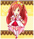  1girl artist_name boots bow character_name choker copyright_name cure_ace dokidoki!_precure dress hair_bow hiyopuko knee_boots long_hair madoka_aguri magical_girl precure red_dress red_eyes redhead skirt smile solo wrist_cuffs yellow_background 