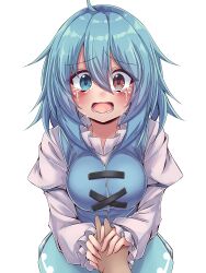  1girl 1other blue_eyes blue_hair blue_skirt blue_vest blush crying crying_with_eyes_open dark_skin heterochromia highres holding_hands juliet_sleeves long_sleeves open_mouth puffy_sleeves red_eyes simple_background siw0n skirt streaming_tears tatara_kogasa tears textless_version touhou vest white_background 