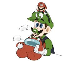  2boys among_us blue_eyes blue_overalls brown_hair crossover facial_hair gloves green_shirt hat highres luigi male_focus mario mimimi_(mimimim9999) multiple_boys mustache open_mouth overalls red_(among_us) shirt short_hair super_mario_bros. 