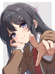  1girl black_hair blue_eyes blurry blush border brown_jacket closed_mouth collared_shirt commentary_request depth_of_field eyelashes grey_background gyorui_(katsuwo_drawing) hair_between_eyes hair_ornament hairclip hand_on_own_cheek hand_on_own_face happy head_rest highres index_finger_raised jacket long_hair long_sleeves looking_at_viewer necktie outside_border pointing pointing_at_viewer rabbit_hair_ornament red_necktie sakurajima_mai school_uniform seishun_buta_yarou shirt sidelocks simple_background smile solo split_mouth straight_hair upper_body white_border white_shirt 