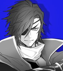  1boy blue_background date_masamune_(sengoku_basara) drop_shadow eyepatch greyscale_with_colored_background hair_over_one_eye kkkaaaayyy looking_at_viewer male_focus popped_collar portrait sengoku_basara simple_background smile solo 