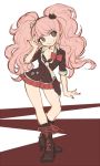  1girl bow breasts cleavage dangan_ronpa enoshima_junko grin hair_bow hair_ornament long_hair nail_polish necktie pink_hair school_uniform skirt sleeves_rolled_up smile solo spoilers temk twintails 
